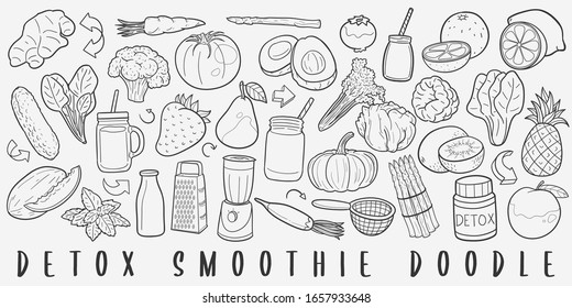 Detox Smoothie Nutrition Doodle Line Art Illustration. Hand Drawn Vector Clip Art. Banner Set Logos.