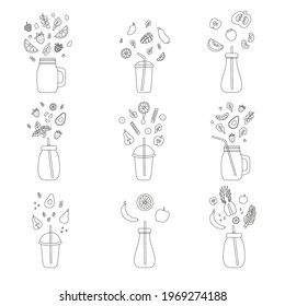 Detox smoothie outline, set. Cocktail for healthy lifestyle. Vegetarian food and drink. Contour glass with handle, cup, straw. Outline simple design, sketch. For the menu of restaurants and cafes