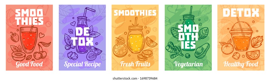 Detox smoothie poster. Good food smoothies, juices for healthy lifestyle and colorful fresh juices vector illustration set. Healthy fresh smoothie, glass detox, vegan beverage