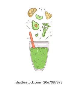 Bebida refrescante o descolorida con aguacate y apio, ilustración vectorial de color dibujada a mano aislada en fondo blanco. Cóctel de detox de frutas y verduras.