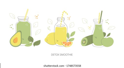 Detox smoothie. Set of glasses with green smoothies. Hand drawn glasses  with healthy drinks. Collection of summer beverages in doodle style. Colourful  bottles, fruits, and vegetables.