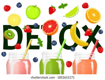 Detox. Smoothies with fruits and berries. Fresh fruits, Natural food, Detox, Healthy eating, Vegan concept. Vector illustration for poster, banner, flyer, menu, cover, advertising.