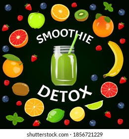 Detox. Smoothies with fruits and berries. Fresh fruits, Natural food, Detox, Healthy eating, Vegan concept. Vector illustration for poster, banner, flyer, menu, cover, advertising.