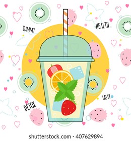 Detox smoothies with orange, mint, strawberry, ice. Vector illustration for greeting cards, magazine, cafe and restaurant menu. Fresh cocktail for healthy life, diets.