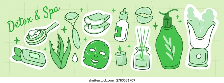 Detox and spa elements collage set. Aloe vera, clay face mask, jade roller and wellness objects collection. Self-care and beauty concept vector illustration.