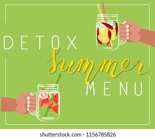 Detox summer menu colorful healthy food posters with smoothies, fresh, juice, detox, green, yummy, jar. Vector illustration eps10.