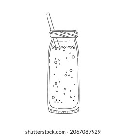 Detox or summer refreshing drink in glass bottle with straw, hand drawn sketch style vector illustration isolated on white background. Detox and diet drink.