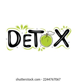 Detox text with green apple. Lettering logo on white background. Detox Diet Concept. Healthy Nutrition. Vector illustration