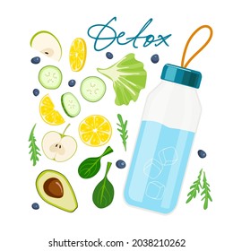 Detox text with water bottle and healthy food, fruits, vegetables, greens. Drink more water and eat more fruits and vegetables. Healthy lifestyle vector flat concept.