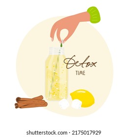 Detox time concepto. Lemonada con canela. Descomponer el texto de tiempo con el frasco de vidrio. Bebida fresca energética saludable. Ilustración vectorial aislada sobre fondo blanco. Agitar para comer sano