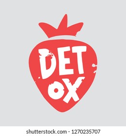 Detox vector lettering in strawberry shape isolated on white background. Hand drawn cute cartoon style. Detox clipart.
