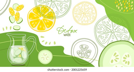 Detectar el fondo abstracto del agua. Trozos de limón y pepino caen en la jarra de agua. Desintoxica el agua. Diseño plano para menú, café, restaurante, pancarta, emblema, diseño de recetas, fiesta de verano, plantilla de bebidas