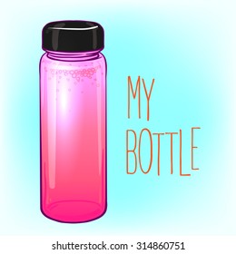 Detox Water Bottle. Pink Strawberry Smoothie. Lovely colorful vector illustration. Healthy lifestyle, raw eating, organic drinks, diet, natural detox concept. Trendy drink ware. 