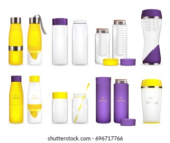 Detox water bottle set of isolated leakproof vessels for drinks with lids plastic tube and lanyard vector illustration