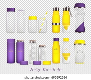 Detox water bottle transparent collection of isolated vessel images made of glass and plastic on transparent background vector illustration