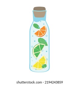 Detox water with citrus. Vector illustration of water bottle with orange and lemon, lime and mint. Drawing of water with fruit for healthy eating for a print or article. 