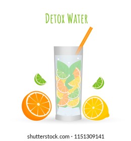 Detox water in glass vector illustration. Refreshing citrus drink, orange, lemon and of lime slices with green mint leaves. Summer beverage. Healthy lifestyle concept. Easy to edit template.