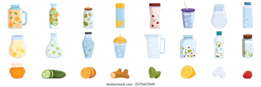 Detox water icons set. Detox water is infused with combinations of fruits, vegetables, herbs, and spices for a healthy and refreshing beverage