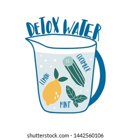 Detox water with ingredients: mint, lemon, cucumber. Hand drawn vector recipe card, print. Illustration with bottle and. Healthy drink. Natural organic food concept. Diet menu for cafe or restaurant