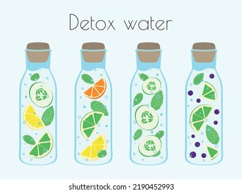 Detox Water Kit. Vector illustration of water bottles and fruits and vegetables. Cucumber slices and citrus. Orange and mint lime. Lime and blueberries.  