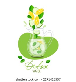 Detox water. Lemon and cucumber Pieces with mint leaves falling into water jug. Fresh lemonade in glass pitcher. Summer drink. Cold detox water with fruits for cafe or restaurant menu, summer party.