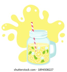 Detox water with lemon slices, ice cubes, mint in jar. Healthy lifestyle. Detox drink. Vector illustration.