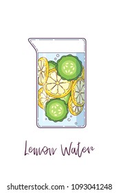 Detox water with lemons and cucumbers in a glass pitcher. Can be used for a diet menu, healthy cards, fitness promo materials. Vector illustration.