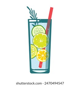 Detox water with lime, cucumber, rosemary and lemon. Refreshing cocktail, delicious, healthy drink, lemonade in a glass. Vector illustration.