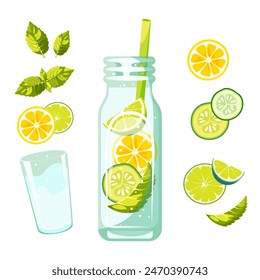 Detox water with lime, mint, cucumber, lemon. Refreshing cocktail, tasty, healthy drink. Vector illustration.