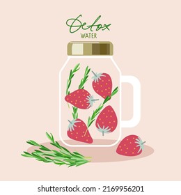 Detox water. Mason jar with rosemary and strawberry beverage. Flat vector illustration on white background For cafe menu, store. Organic raw shake drink. Healthy nutrition. 