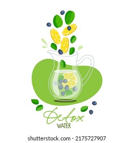 Detox water. Pieces of lemon, blueberry, mint leaves falling into water jug. Fresh lemonade in glass pitcher. Summer refreshing drink. Cold detox water with fruits for bar menu, summer party.