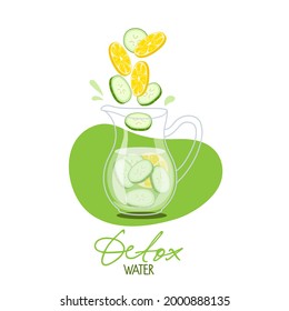 Detox water. Pieces of lemon and cucumber fall into water jug. Fresh lemonade in glass pitcher. Summer drink. Cold detox water with fruits for cafe or restaurant menu, summer party, beverage template