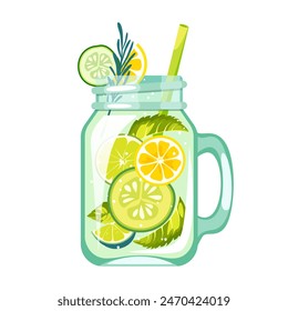 Desintoxica el agua con romero, menta, pepino, limón. Cóctel refrescante, bebida deliciosa y saludable. Ilustración vectorial.