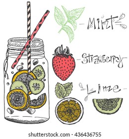 Detox water vector illustration.Bottle with cucumber, lemon,lime, mint.Organic Drinks.
