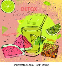Detox watermelon and lemon cocktail. Beautiful handdrawn image in bright green and pink colours. Vector illustration in unique artistic style on a textured background. Natural food creative concept.