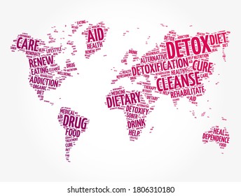 DETOX word cloud in shape of world map, health concept background