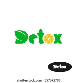 Detox word logo. Wide green letters with leaves and lemon slice symbol.