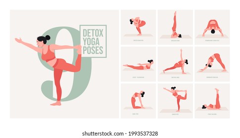 Detox Yoga poses. Young woman practicing Yoga pose. Woman workout fitness, aerobic and exercises. Vector Illustration.