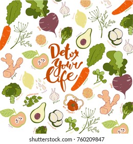 Detox your life. Hand drawn lettering and fruits and vegetables background. Stock vector