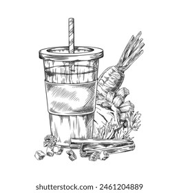 Detox-themed vector illustration featuring a clear cup with a straw, flanked by ginger, cinnamon, and fresh herbs, perfect for wellness concepts.