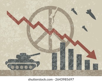 detrimental impact of war on the economy, symbolized by a downward trending graph, military elements like a tank and missiles, and a broken peace sign