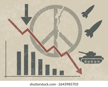 detrimental impact of war on the economy, military elements like a tank and missiles, and a broken peace sign