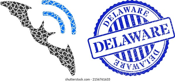 Detritus mosaic bat ultrasound icon, and blue round DELAWARE grunge stamp seal with caption inside circle form. Bat ultrasound collage icon of debris elements which have variable sizes, and positions,