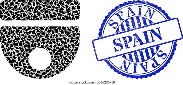 Detritus mosaic CCTV camera icon, and blue round SPAIN grunge stamp imitation with text inside round form. CCTV camera mosaic icon of spall elements which have different sizes, and positions,
