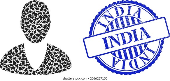 Detritus mosaic client profile icon, and blue round INDIA grunge badge with caption inside round shape. Client profile mosaic icon of debris elements which have different sizes, and positions,