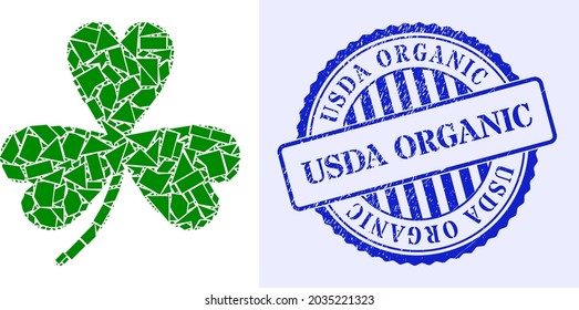 Detritus mosaic clover leaf icon, and blue round USDA ORGANIC dirty stamp print with caption inside round form. Clover leaf mosaic icon of fragment particles which have various sizes, and positions,