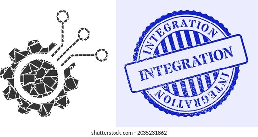 Detritus mosaic electronic gear icon, and blue round INTEGRATION textured stamp seal with tag inside round shape. Electronic gear mosaic icon of fragment particles which have randomized sizes,