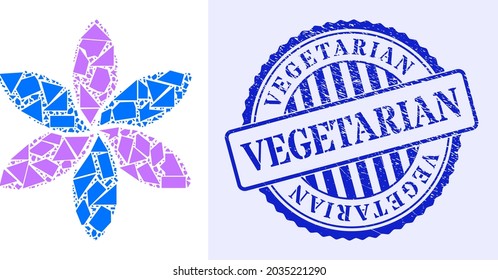 Detritus mosaic flower icon, and blue round VEGETARIAN scratched stamp print with text inside round shape. Flower collage icon of fragment particles which have different sizes, and positions,