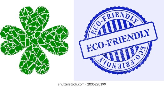 Detritus mosaic four leaf clover icon, and blue round ECO-FRIENDLY textured stamp imitation with text inside round form. Four leaf clover mosaic icon of spall elements which have randomized sizes,