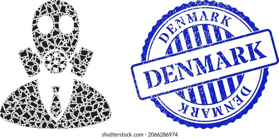 Detritus mosaic gasmask boss icon, and blue round DENMARK textured stamp seal with caption inside circle shape. Gasmask boss mosaic icon of detritus parts which have different sizes, and positions,